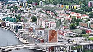 Bergen City Norway. Drone Shot of Bridge Traffic and Apartment Complex by Strait