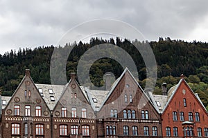 Bergen city street, Norway. Bryggen medieval wharf