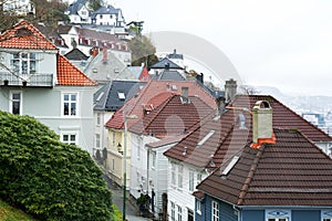 Bergen, cityscape with traditional houses roofs. view from above