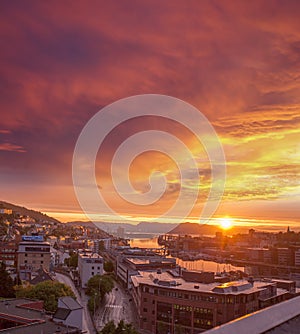 Bergen with colorful sunset in Norway, UNESCO World Heritage Site