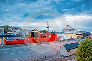 Bergen harbor with boats in Norway, UNESCO World Heritage Site