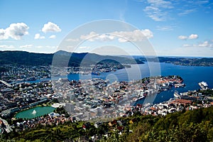 Bergen and its harbor in norway on a sunny day