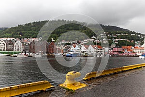 Bergen marina view on grey cloudy day, Norway.