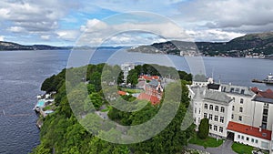 Bergen, Norway. Aerial View of Nordnes Peninsula, Apartment Buildings and Fjord