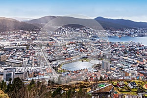 Bergen, Norway. City and harbor landscape of Bergen. Aerial view from Mount Floyen.