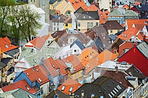 Norway cityscape with colorful traditional houses roofs from terracotta tiles