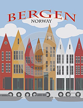 Bergen Norway Downtown Waterfront Poster vector Illustration