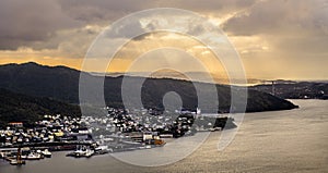 Bergen, Norway - Panoramic city view with Bergen Vagen harbor - Bergen Havn - and historic Bryggen heritage district seen from