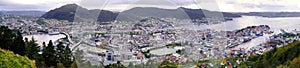 Bergen, Norway - Panoramic city view with Bergen Vagen harbor - Bergen Havn - and historic Bryggen heritage district seen from