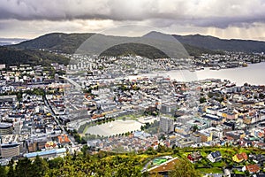 Bergen, Norway - Panoramic city view with Bergen Vagen harbor - Bergen Havn - and historic Bryggen heritage district seen from