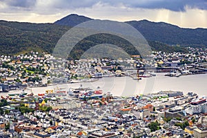 Bergen, Norway - Panoramic city view with Bergen Vagen harbor - Bergen Havn - and historic Bryggen heritage district seen from