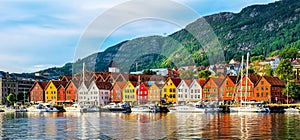 Bergen, Norway. View of historical buildings in Bryggen- Hanseatic wharf in Bergen, Norway. UNESCO World Heritage Site