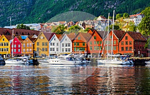 Bergen, Norway. View of historical buildings in Bryggen- Hanseatic wharf in Bergen, Norway. UNESCO World Heritage Site