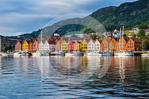 Bergen, Norway. View of historical buildings in Bryggen- Hanseatic wharf in Bergen, Norway. UNESCO World Heritage Site