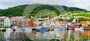 Bergen, Norway. View of historical buildings in Bryggen- Hanseatic wharf in Bergen, Norway. UNESCO World Heritage Site. Artistic