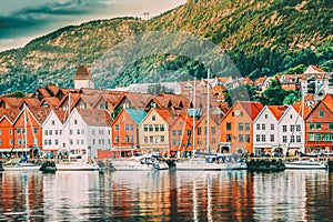 Bergen, Norway. View Of Historical Buildings Houses In Bryggen - Hanseatic Wharf In Bergen, Norway. UNESCO World