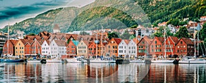 Bergen, Norway. View Of Historical Buildings Houses In Bryggen - Hanseatic Wharf In Bergen, Norway. UNESCO World