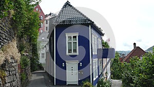 Bergen is the second-largest city in Norway. The view from the height of bird flight. Wooden houses and tiled roofs