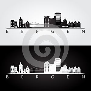 Bergen skyline and landmarks silhouette, black and white design
