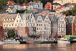 Bergen street with boats in Norway, UNESCO World Heritage Site
