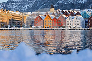 Bergen waterfront cityscape.with pucturesque bryggen houses in colorful theme in front of the wharf. Looking from across the bay