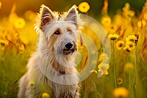 Berger picard dog sitting in meadow field surrounded by vibrant wildflowers and grass on sunny day ai generated