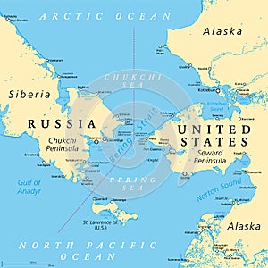 Bering Strait, political map, strait between Russia and United States photo