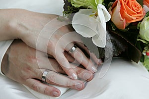 Beringed hands of a bridal couple
