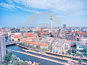 Berlin aerial view from drone, Germany. Buildings, tower and city river