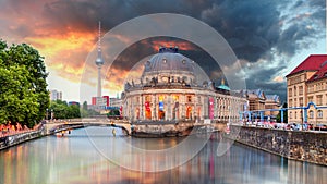 Berlin, Bode museum with reflection in Spree, Germany