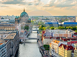 Berlin Cathedral (Berliner Dom) on Museum island and Spree river at sunset, Germany