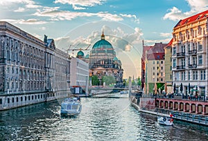 Berlin Cathedral (Berliner Dom) on Museum island and Spree river at sunset, Germany