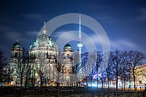 Berlin Cathedral illuminated at night, Germany