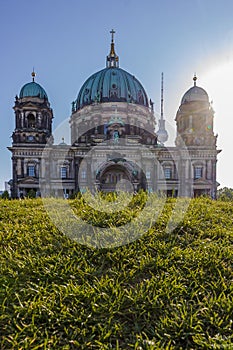 Berlin Cathedral at sunrise, German Berliner Dom on Museum Island, Spree Reflected Berlin, Germany