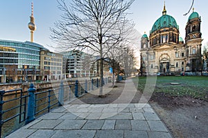 Berlin Cathedral and TV tower with River Spree