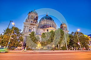 Berlin Cathedral and Unter Den Linden road at night Berlin - Germany. Berliner Dom
