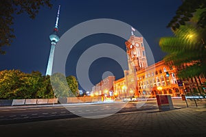 Berlin City Hall (Rotes Rathaus) and TV Tower (Fernsehturm) at night - Berlin, Germany