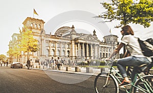 Berlin city life with Reichstag at sunset in summer