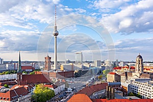 Berlin cityscape with Television tower and Red Town Hall Rotes Rathaus on Alexanderplatz, Germany