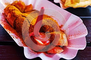 Berlin currywurst in a bowl