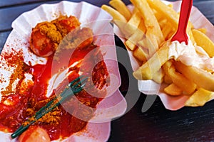 Berlin currywurst in a bowl