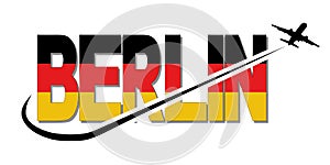 Berlin flag text with plane silhouette and swoosh illustration
