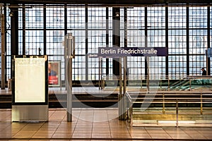 Berlin Friedrichstrasse station sign at train station in Berlin, Germany