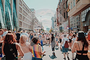 Berlin, Germany - 7/27/2019: Christopher street day in Berlin, young people walking down the street, celebrating love and equality