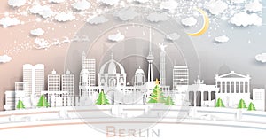 Berlin Germany City Skyline in Paper Cut Style with Snowflakes, Moon and Neon Garland