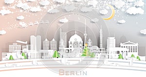 Berlin Germany City Skyline in Paper Cut Style with Snowflakes, Moon and Neon Garland