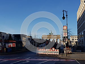 BERLIN, GERMANY - Dec 30, 2020: Horizontal view of the road block at Brandenburger Tor in the hart of Berlin