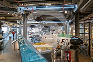 Airplanes at aviation exhibition inside the German Museum of Technology (Deutsche Technikmuseum Berlin