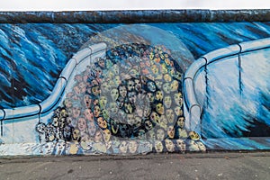 February, 7, 2020. Back site of the East Side Gallery wall of Berlin Germany, with a construction site on the
