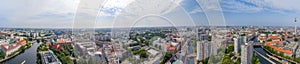 BERLIN, GERMANY - JULY 24, 2016: Panoramic aerial view of Berlin skyline at sunset with major city landmarks along Spree river